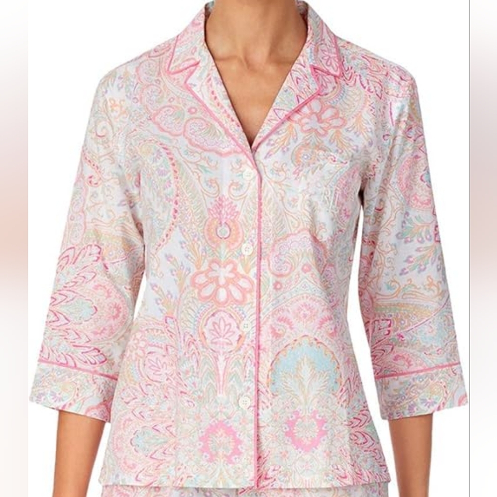 Lauren Ralph Lauren 3/4 Sleeve Paisley Floral Button Up Collar Nightshirt